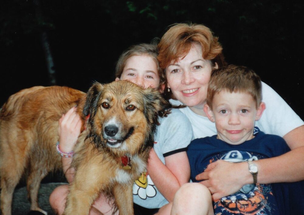 Tracy with children Erica & James ...and Archie the dog - Adirondack Mountains 1996 kids ADK